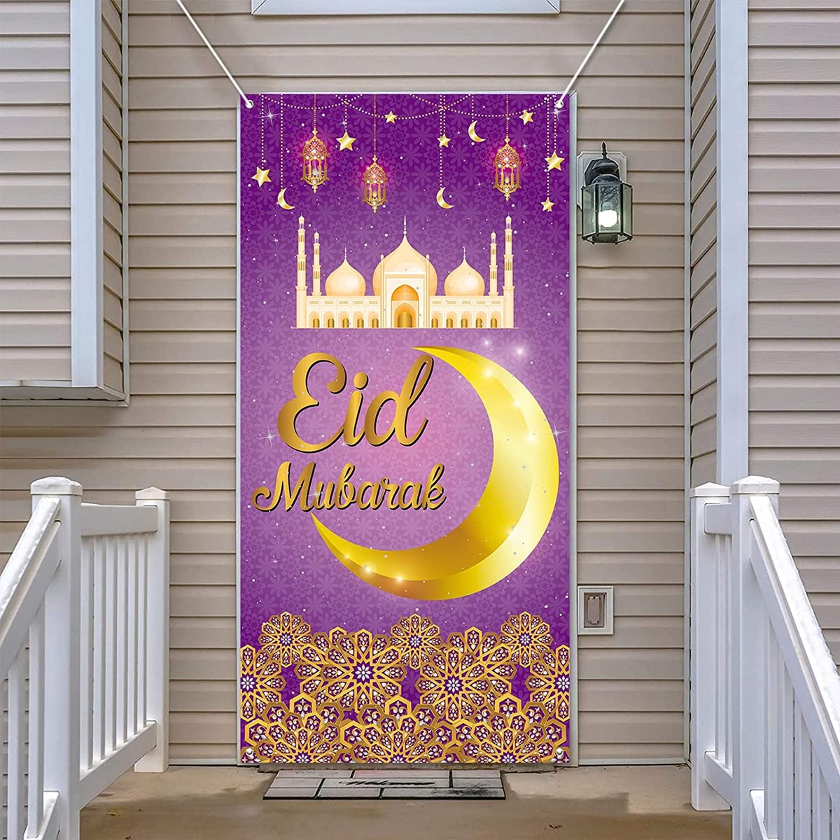 XXL Eid Mubarak Banner 185 x 90 cm | Wasbaar en Herbruikbaar | Achtergrond Ramadan Paars Goud | Ramadan Muur decoratie | Versiering Ramadan Mubarak